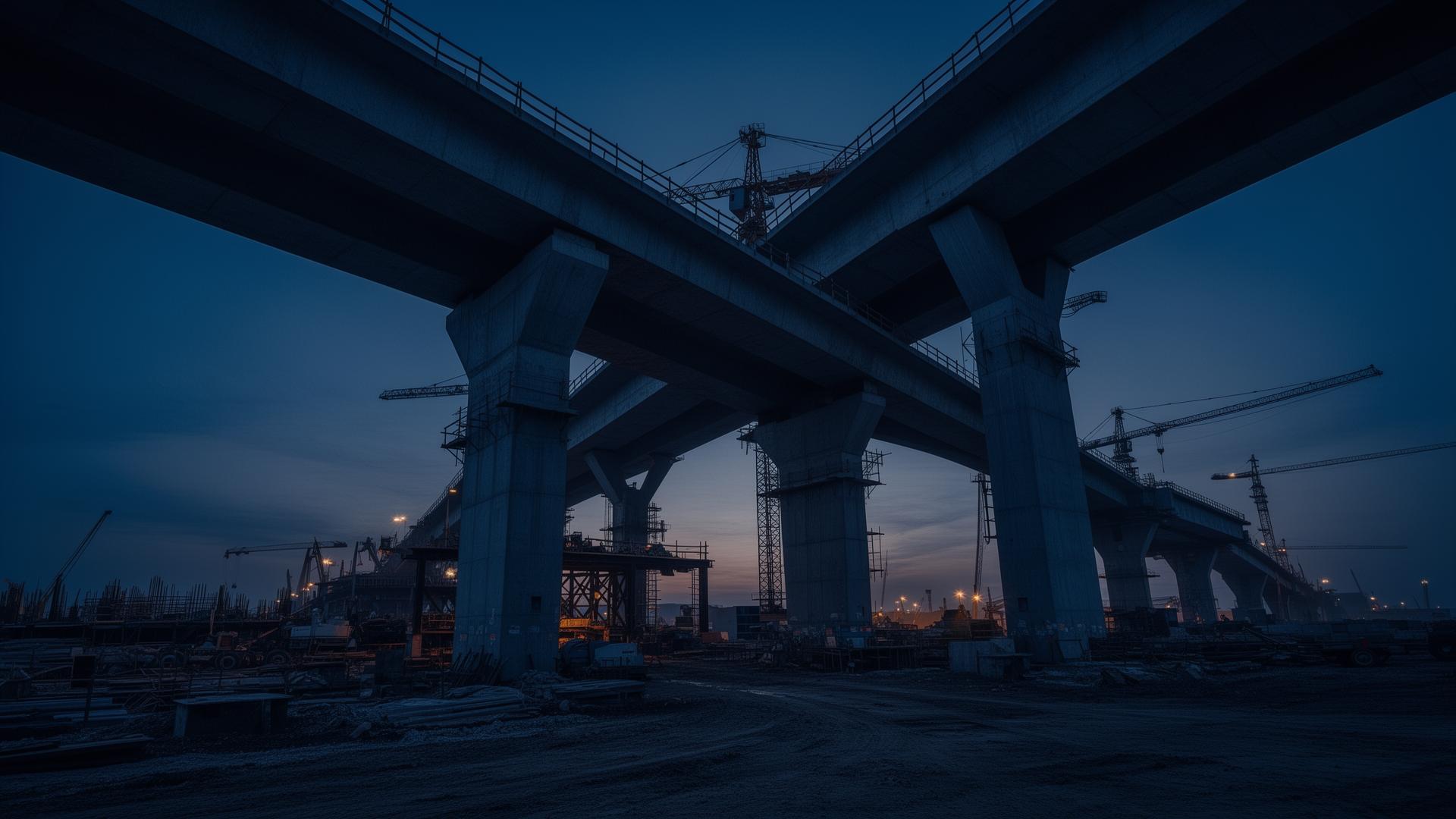 Obra de grande porte em construção ao entardecer